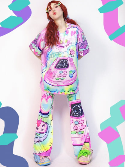 Cartoon Silhouette Pants Flare Print Y2K Colorful