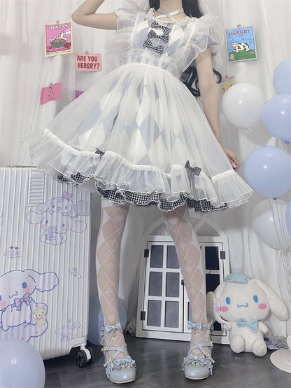 Bas au-dessus du genou à motif de losanges noir et blanc et de poker, style Alice au pays des merveilles