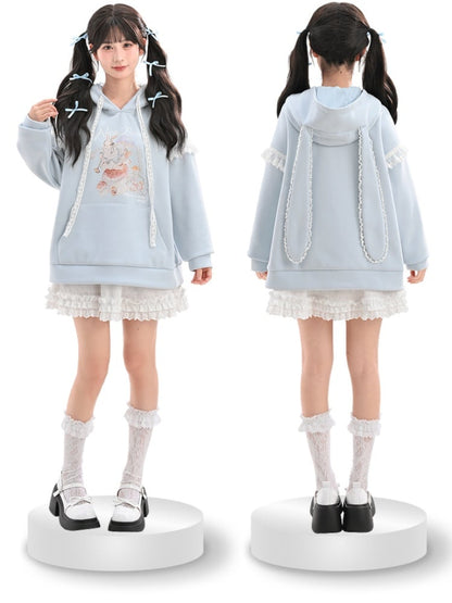 ブルー/ピンクの水玉模様の蝶結び、フリルのレーストリムのティアードスカート