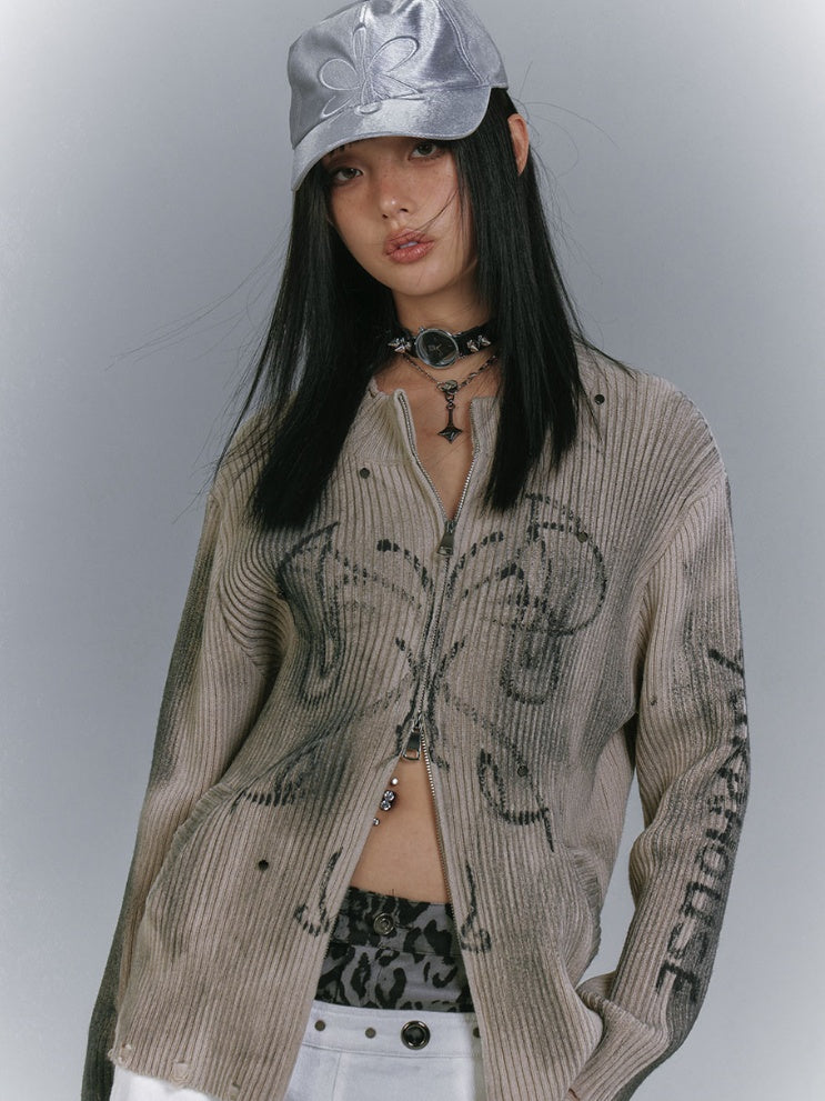 Khaki Two-Way Zip Placket Distressed Knitted Sweater Wasteland Punk