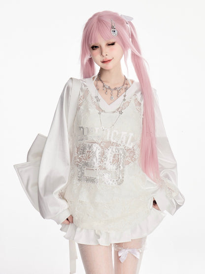Sweatshirt White V-neck Contrast Lace Patches Number Applique Summer