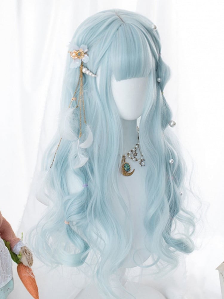 Light Blue 60CM Under Bust Length Wavy Wig With Bangs