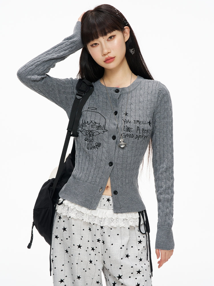 Grey Manga Girl Slim-fit Cardigan