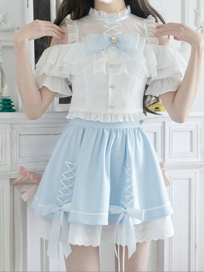 Illusion Skirt Shoulder Blue Criss-cross Open White Design Top+ Neckline Kei Set Jirai