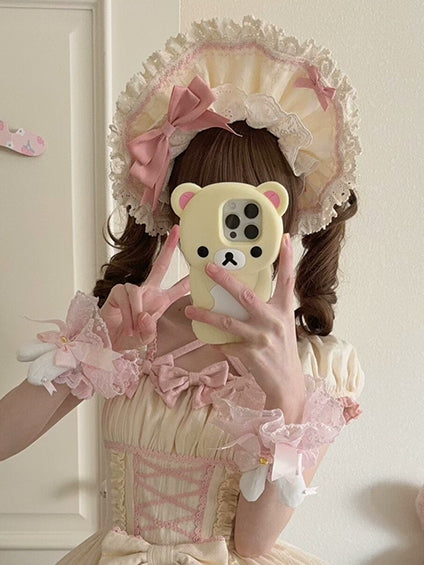 School Old Pink Trim Bonnet Lace Lolita Yellow With Bowknot Details