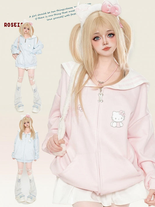Pink/Light Blue/Grey/Black Kitty Print Sailor Collar Zip Closure Thick Sweatshirt