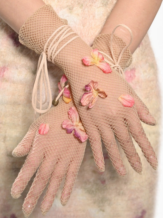 Gants en maille féerique à fleurs abricot