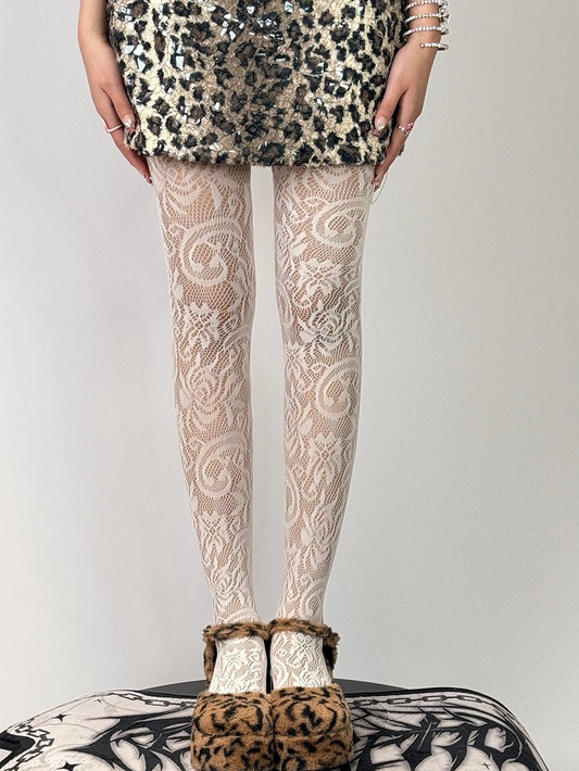 White/Black Pattern Tights Floral Hollow-out Design