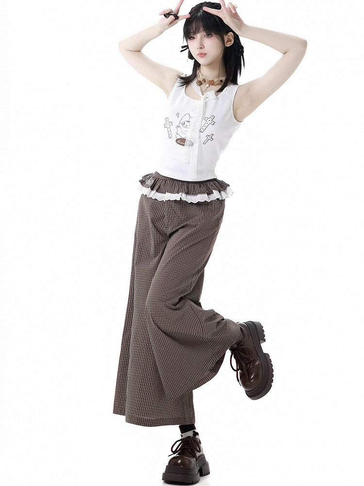 Ruffled Lace Trim Waist Wide-Leg Pants Brown Plaid