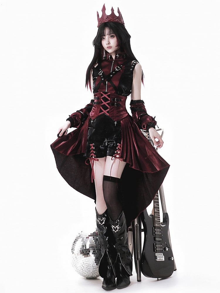 Fashion Red Black Straps Decorated Buckle Punk Sleeves