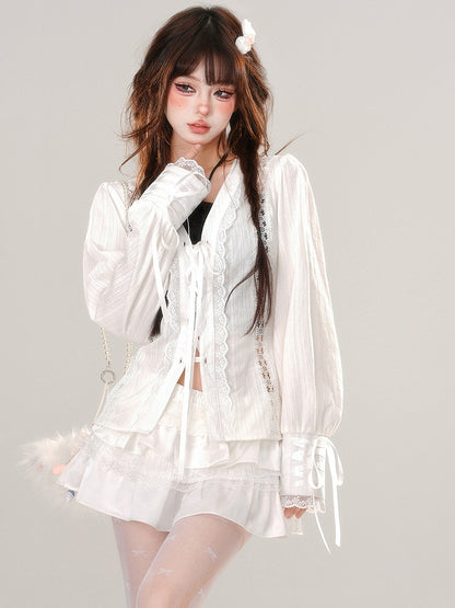 White Lace-up Placket V-neck Lace Blouse Balloon Sleeves
