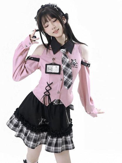 Chain Idol with Detachable Tiered Plaid Skirt Belt Black Waist Punk