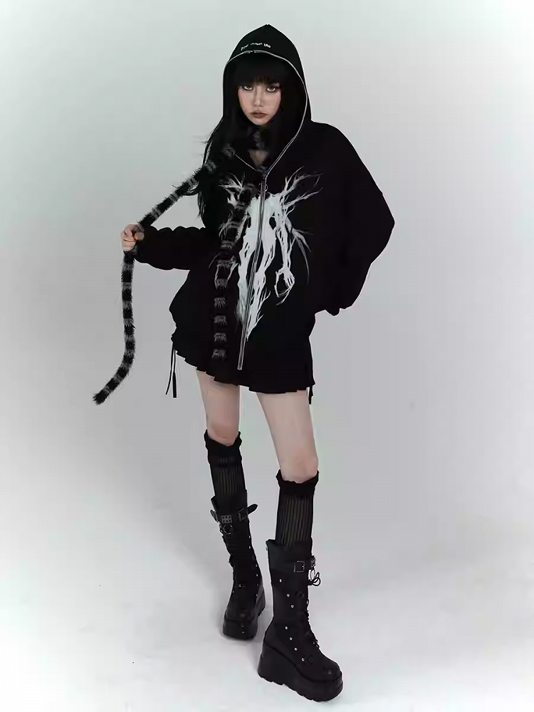 Gothic Black Zip Closure Loose Graphic Hoodie