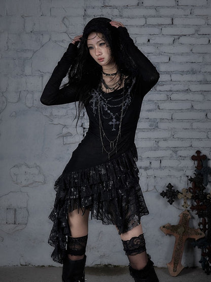 Asymmetric Tiered Lace Dress Cross with Hood Black Hem Print Punk