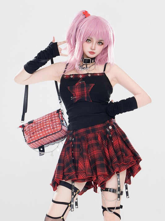 Applique Cami Mini Red Star Plaid Top Tiered With + Black Skirt