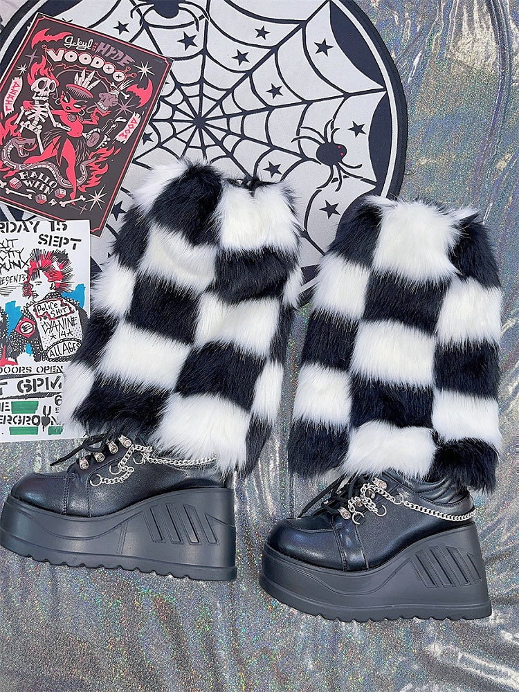 Y2K 40CM Checked Pattern Shaggy Leg Warmers