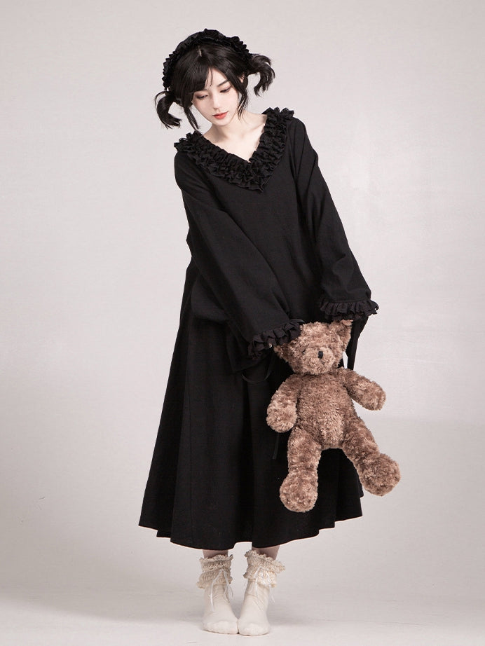 Dress Ruffled Version Black Wa Long V-neck Lolita Sleeves