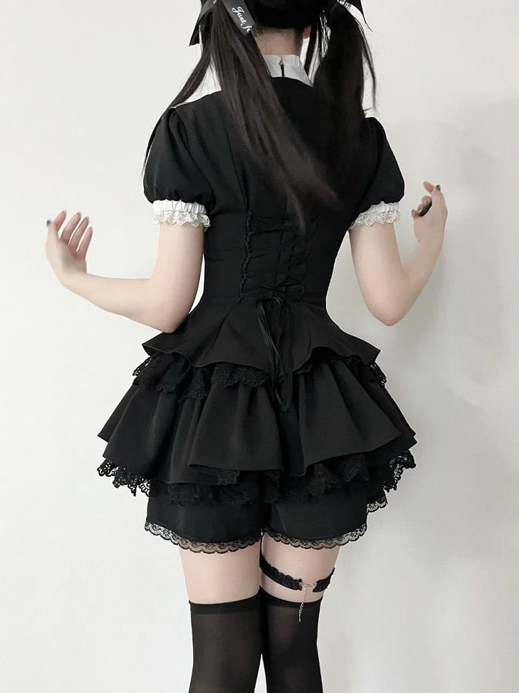 Kurze Rüschen Schwarze Ärmel Weißer Ausschnitt Gothic Kreuz Schnürung Charms Kleid Lolita