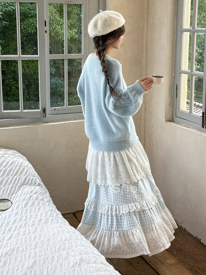 Jupe Mori Kei à carreaux en patchwork de dentelle bleue et blanche à taille haute
