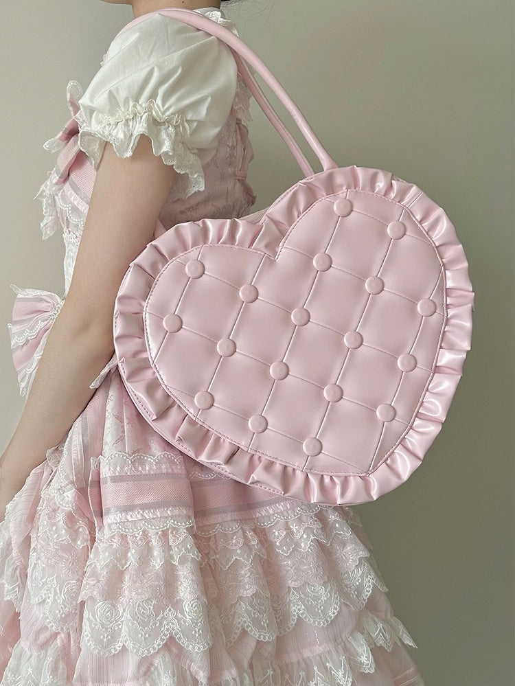 Bag Heart Quilted Trim Elegant – Style Pink Lolita Ruffle Handheld Purse