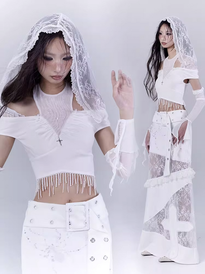 Hood Punk Hem Top with Cropped White Cutout Lace Shoulder Beaded Tassel