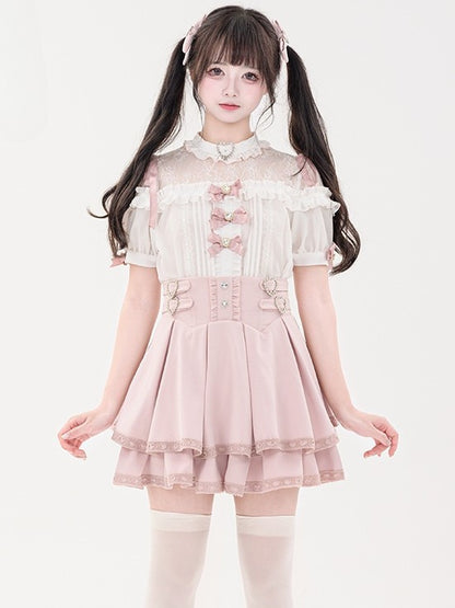 Bowknot Short Jirai Rhinestone Shirt Pleating Pink Details Sleeves Decorated Kei Heart