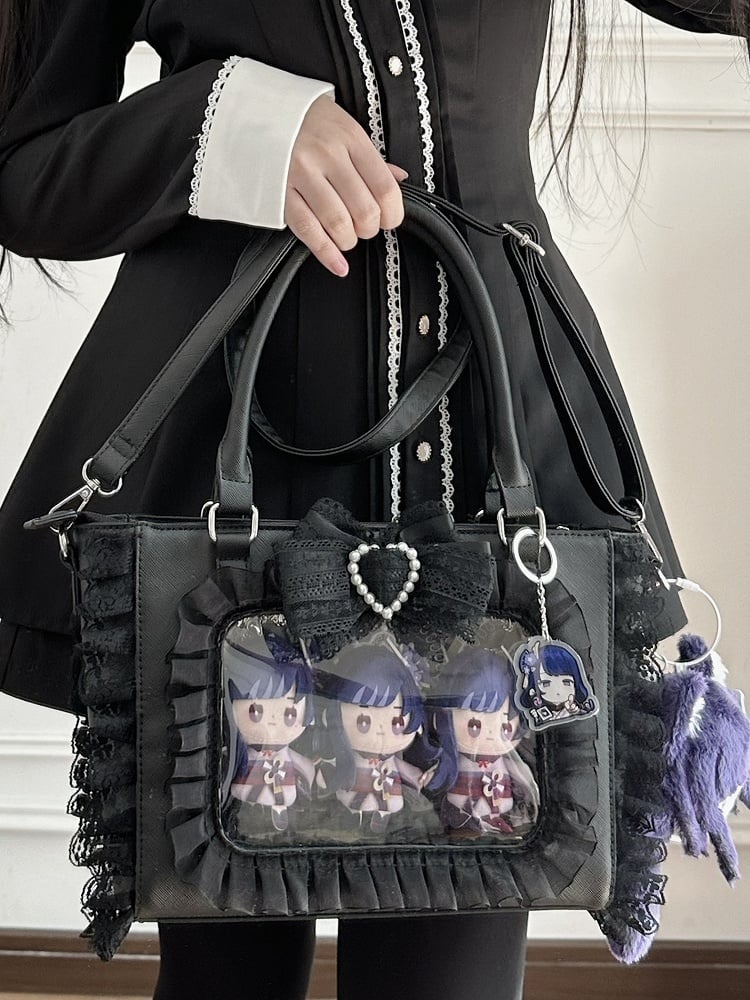 Ita Trim with Jirai Decorated Bowknot Free Holder Lace Beaded Card Bag Heart Kei PVC Black