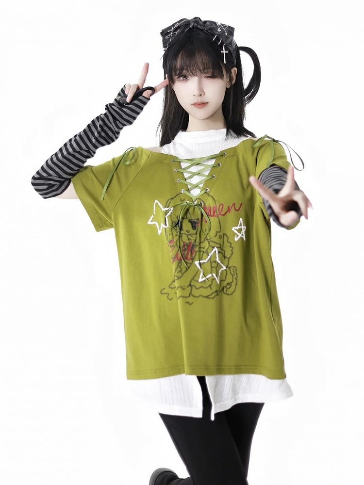 Graphic T-Shirt Neckline Faux Two-pieces Green/Black Cutout Shoulder Lace-up