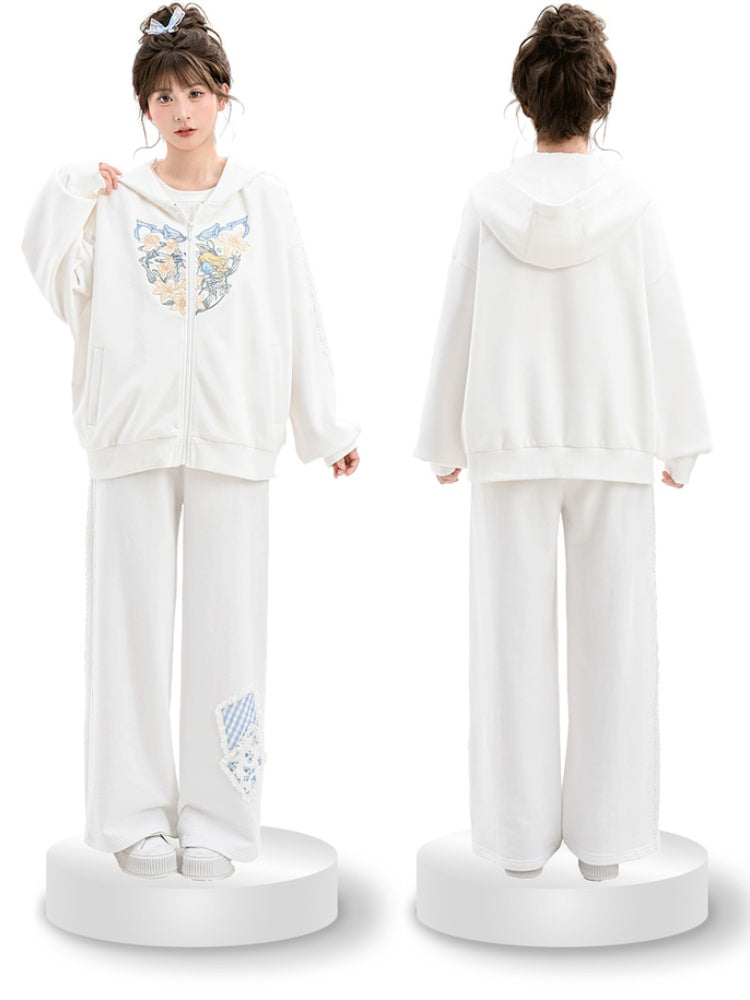 Blue/White Alice in Wonderland Embroidered Zip Closure Hoodie