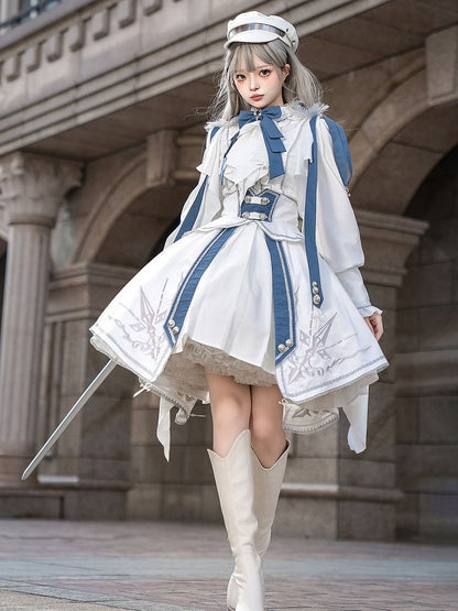 White and Blue Military Lolita Outfit Long Sleeves Top High Waist Skirt