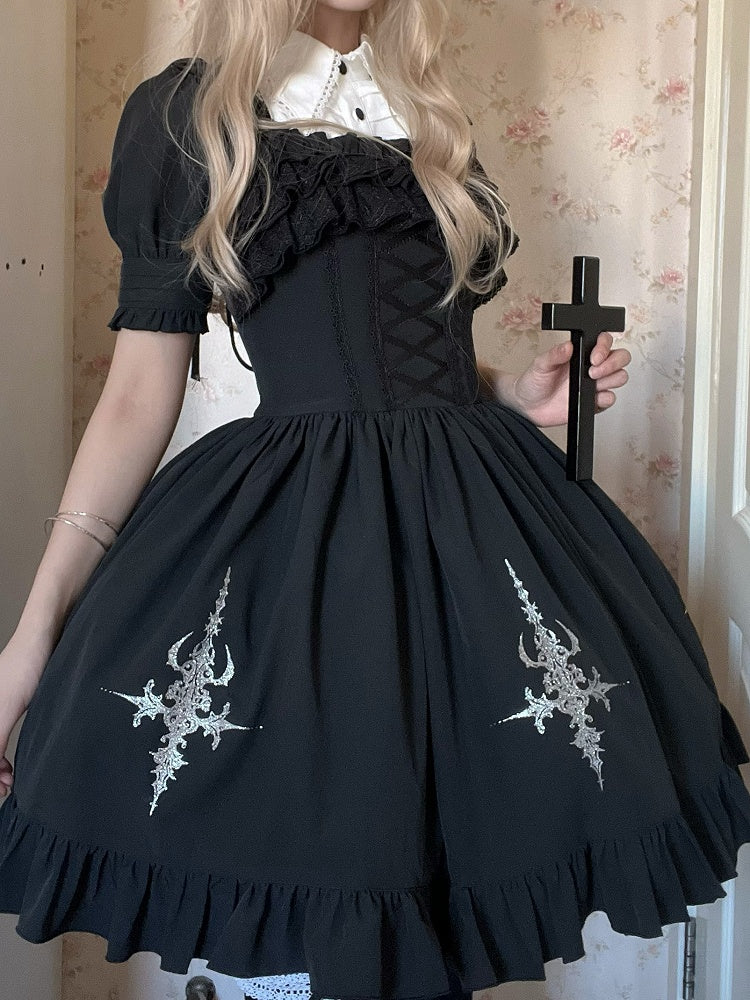 Schwarzer Lolita-Rock mit abnehmbarer Taille und Gothic-Overlay im Pullover-Stil mit Kordelzug