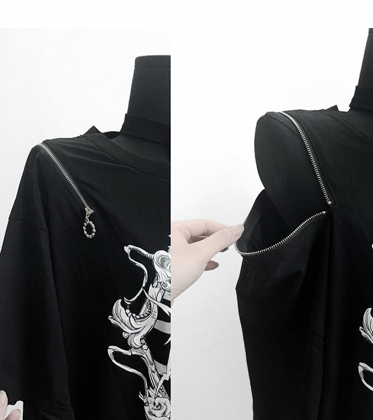 Choker T-Shirt Ribcage Gothic Shoulder Chain Coffin Print with Zip Detachable Convertible Black