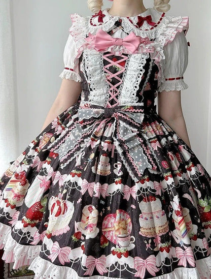 Print Skirt Black Bows Strawberry Jumper Dessert Sweet Lolita and