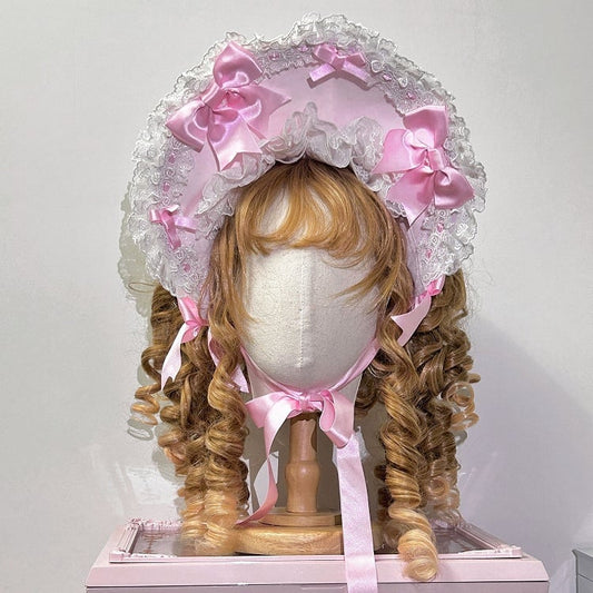 Adorned School Pink Bows and Old Lace Bonnet Lolita