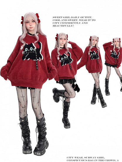 Red Cute Kitty Pattern Strap Loose Sweater