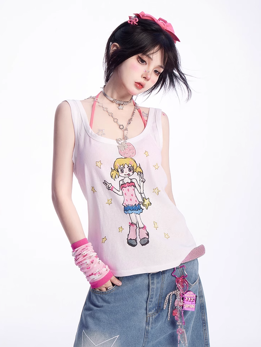 Tank Top Manga Girl Print White Loose