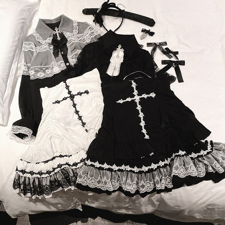Jirai Kei White&Black/All Black Lace Cape Design Landmine Style Blouse