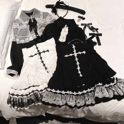 Jirai Kei White&Black/All Black Lace Cape Design Landmine Style Blouse
