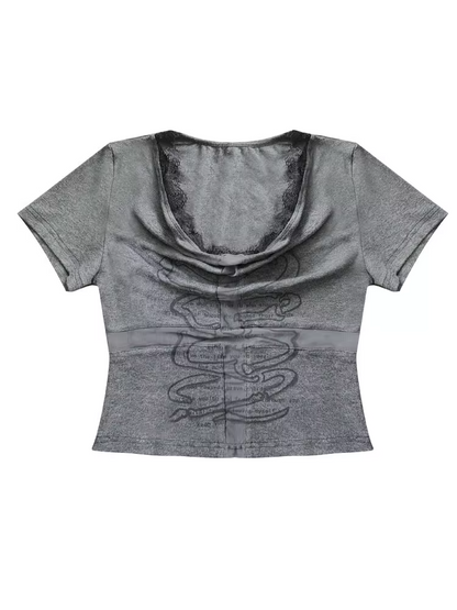 Dunkelgraues T-Shirt mit Wasserfallausschnitt und Kreuzausschnitt