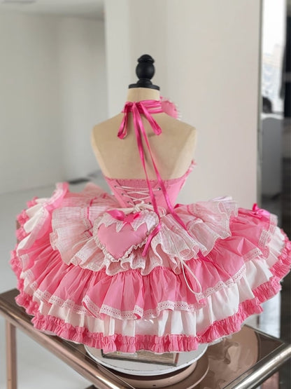 Pink Boned Basque Waist Puffy Dress with Bowknots and Big Padded Heart