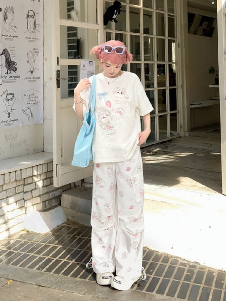 Cuffs Adorable Kitty Print Cargo Pockets Drawstring White Wide-Leg Pants