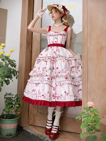 Kitty and Strawberry Print Spring and Summer Cottagecore Lolita Dress