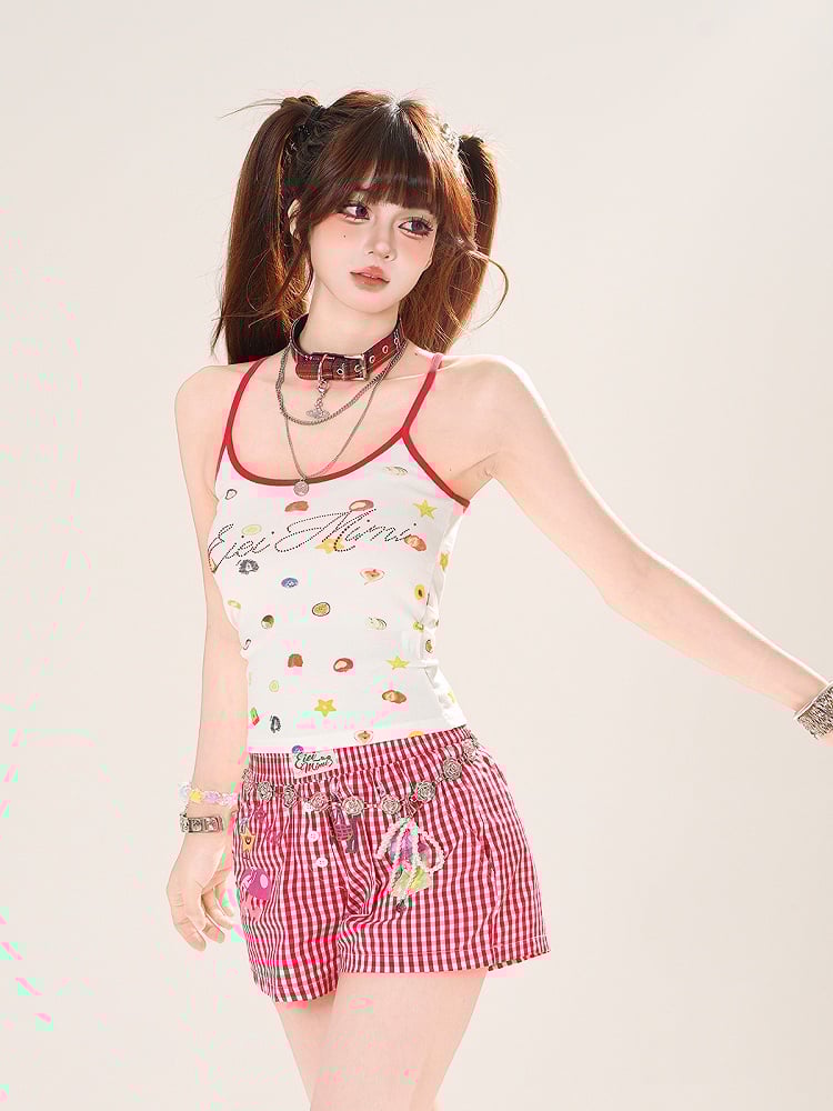 Red Plaid Straight-Leg Casual Shorts