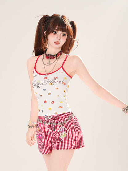 Red Plaid Straight-Leg Casual Shorts