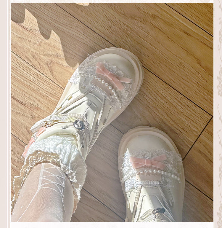 Beige Bow at Top Lace Beaded Chain Ankle Boots
