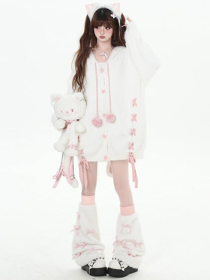 White Bunny Ears Design V-neck Hooded Loose Cardigan Lace-up Detail