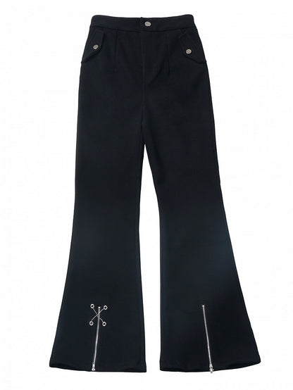 Black Criss-cross Chain Zip Cuffs Fishtail Pants
