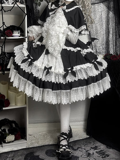 Black and White Old School Lolita Fashion Dress Bowknot Lolita JSK Set