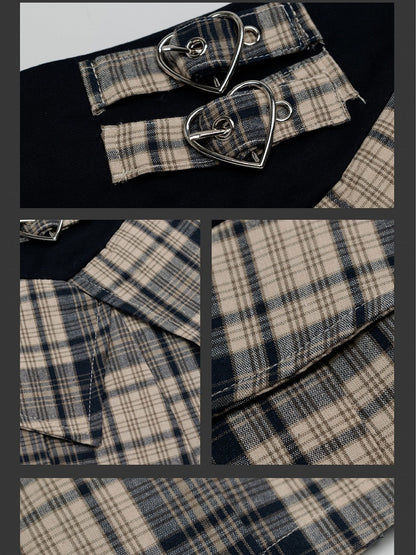 Khaki/Red Buckle Straps High Waist Plaid Pleated Skirt