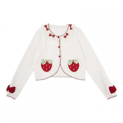 White Long Sleeves Strawberry Applique Cardiagn